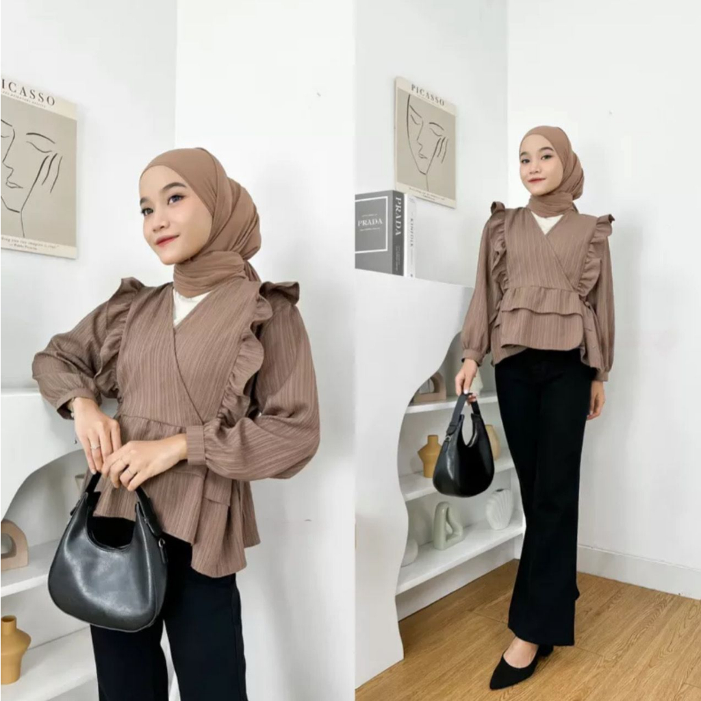 Sani Blouse Lady Crush Atasan Wanita Semi Outer Kerah Vneck Lengan Panjang Korean Style OOTD Remaja Kekinian