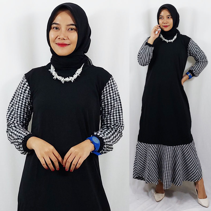 CARLINA DRESS WANITA GAMIS SYARI HITAM MIX KOTAK