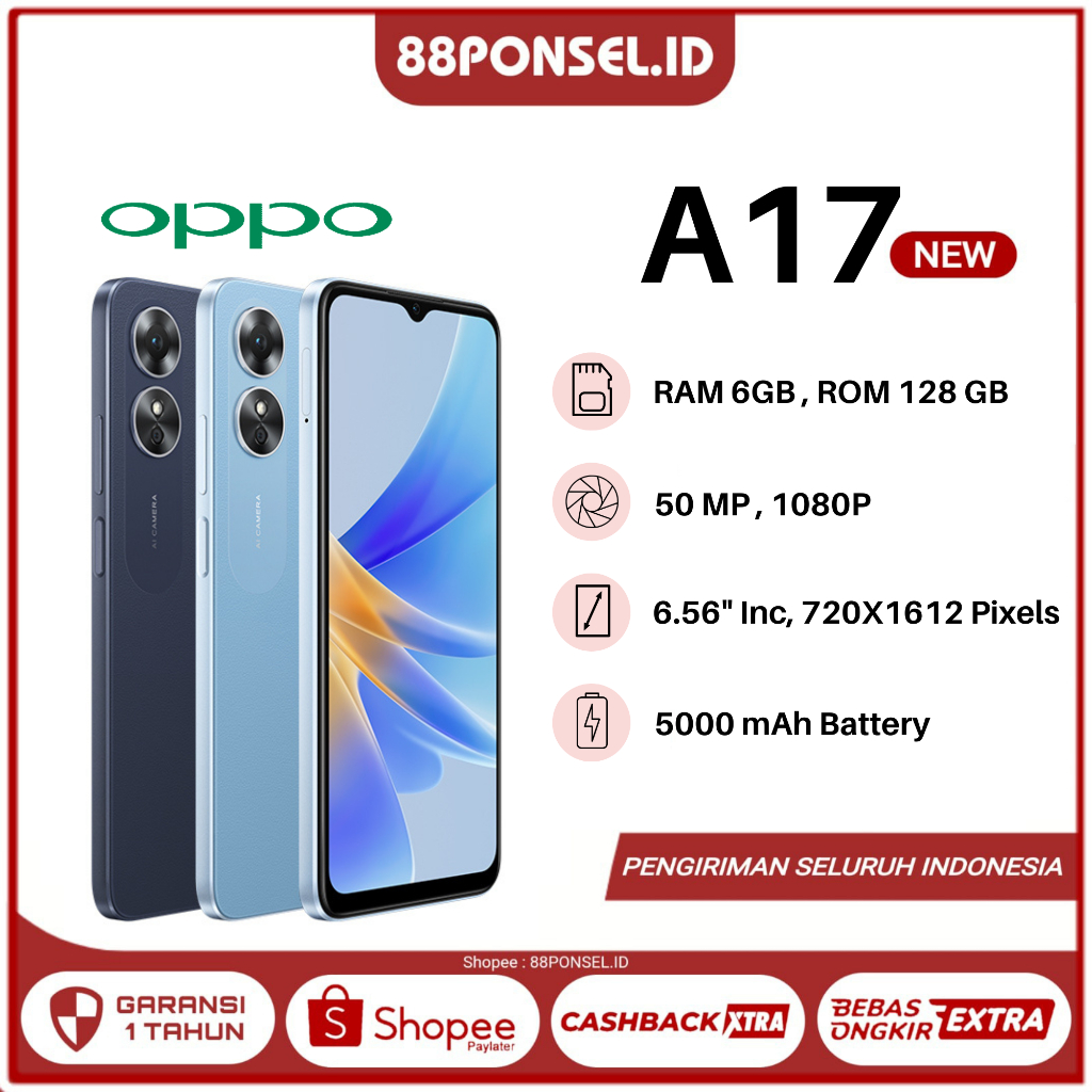 Handphone Oppo Type A17 Ram 6 Internal 128GB Smartphone Android Fast Charging Garansi 1 Tahun