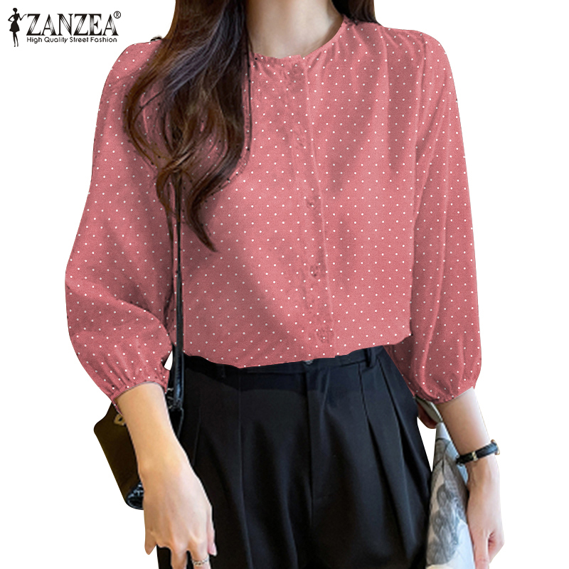 ZANZEA Women Korean Daily O-Neck Wavelet Dot 3/4 Sleeve Cuff Blouse