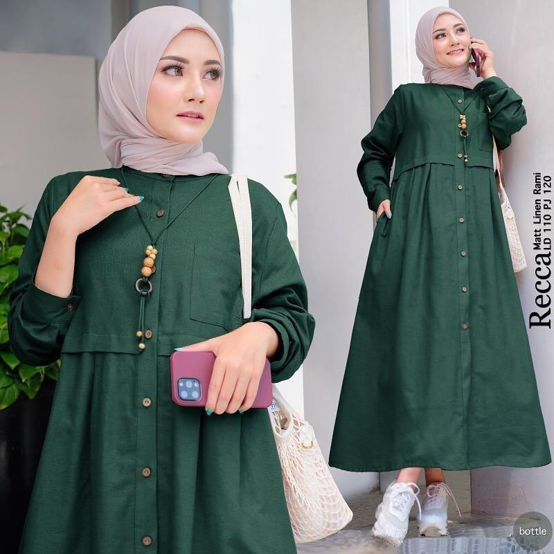 Baju Muslim Wanita Recca Midi Dress Gamis Terbaru 2023 Murah Linen Rami - UzmaOutfit