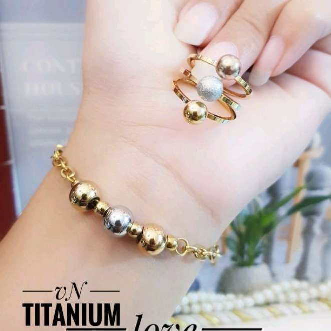 Gelang Set Cincin Boba Warna Kombinasi Titanium Anti Karat No Hitam 1206a1