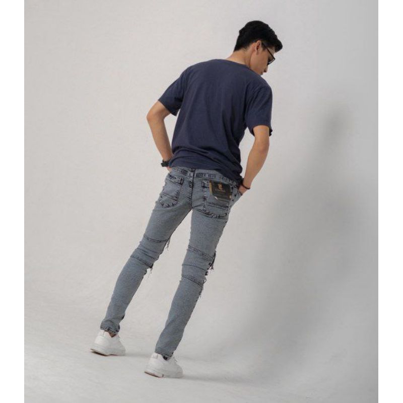 Celana Jeans Biker Riders Pria Skinny Jeans Panjang Polos Sobek Popol