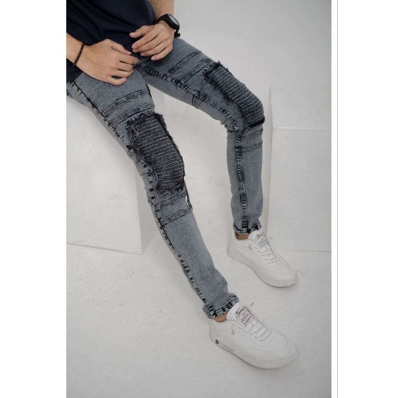 Celana Jeans Biker Riders Pria Skinny Jeans Panjang Polos Sobek Popol