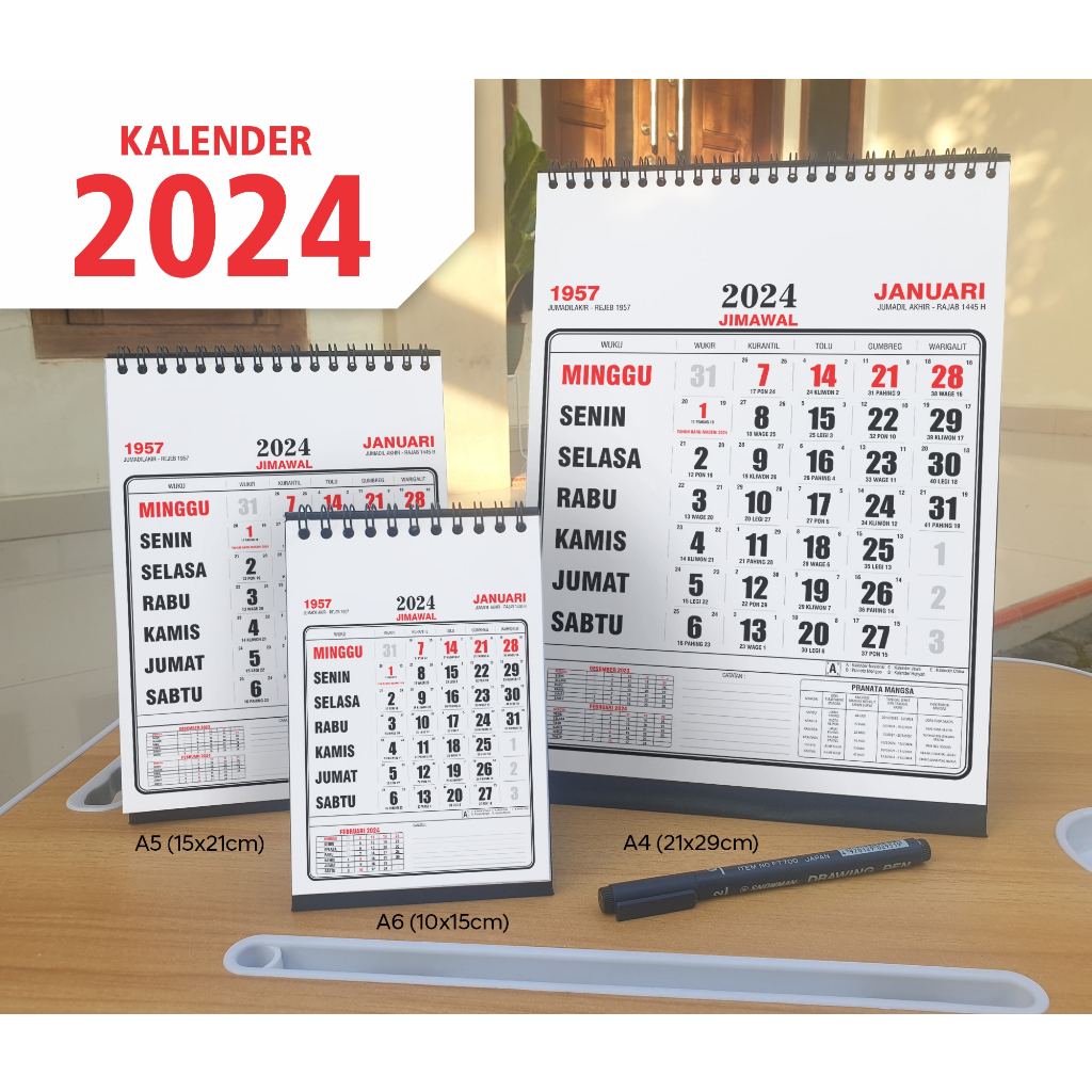 

Kalender meja 2024 catatan 01, ukuran A6 A5 A4, dilengkapi dengan penaggalan jawa, pasaran, hijriyah, pranotomongso, kalender kerja 2024, kalender 2024