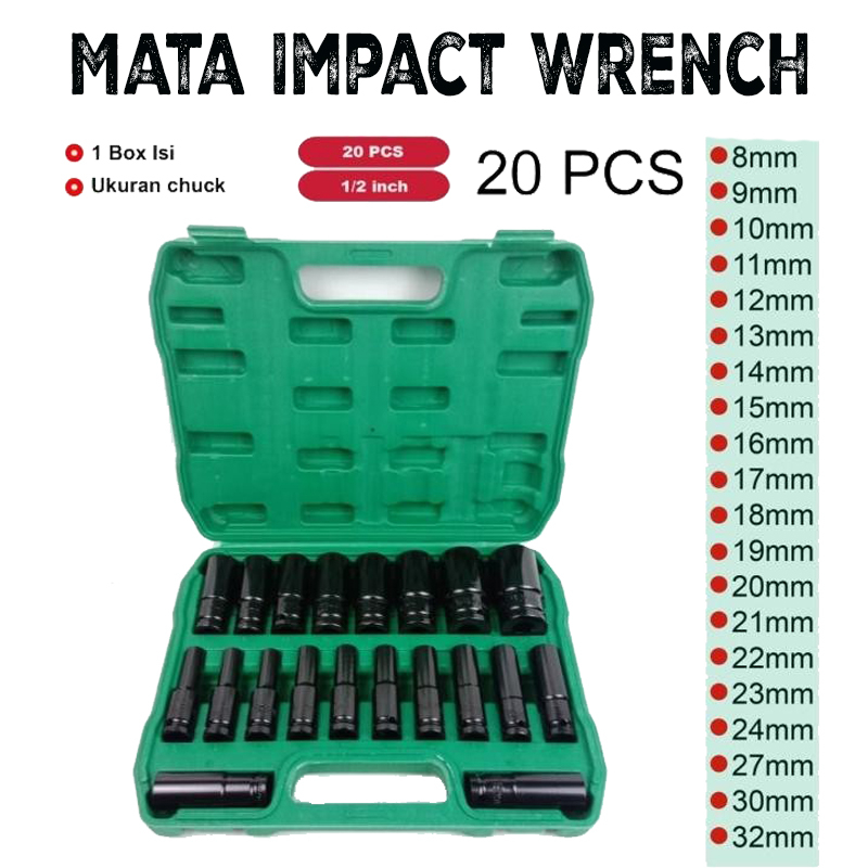 Mata Socket Extention Impact Socket Kunci Shock Sock Sok Set 20 Pcs 1/2 inch  Socket Sock Set / Kunci Sok Set 32pcs