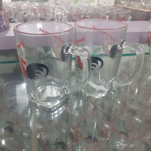 Gelas Kaca Motif Jago 2Pcs / Gelas Gagang Beling 1 Set / Gelas Tangkai Kaca 1 Set / Gelas Teh 1 Set 