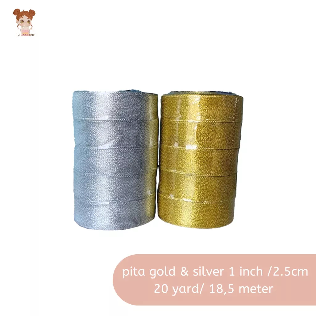 

❤️Bhenix❤️ pita gold / silver glitter 2.5cm 1 inch per roll 20 yard 18,4 meter grosir emas / perak