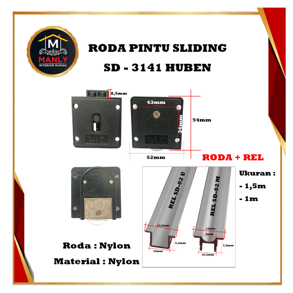 Roda Pintu Lemari Geser / Sliding SD 3141 + Rel Tanam Pintu SD 3141, Isi 2 Set Roda + 2 Btg Rel