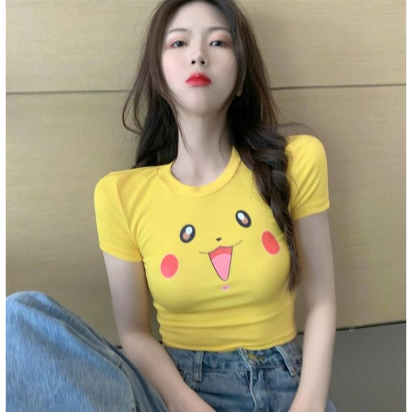 【MISSHONEY】Women Tshirt Pokemon Yellow Crop Top Lengan Pendek 2175