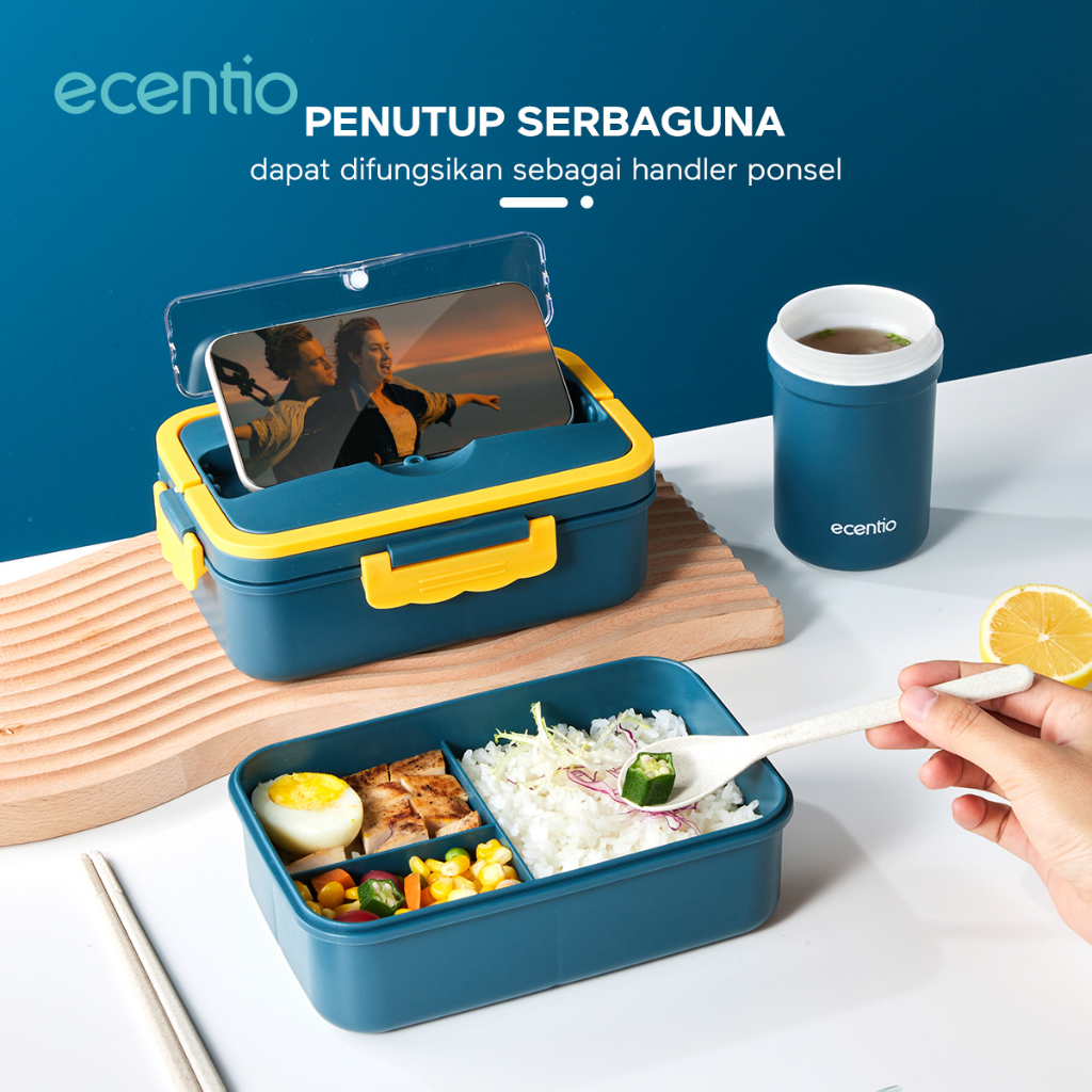 ecentio Kotak tempat Makan Anti Tumpah portable 3 Sekat 1L dan botol minum 330ml 2pcs /Lunch box set Tepak Makanan/PBA free