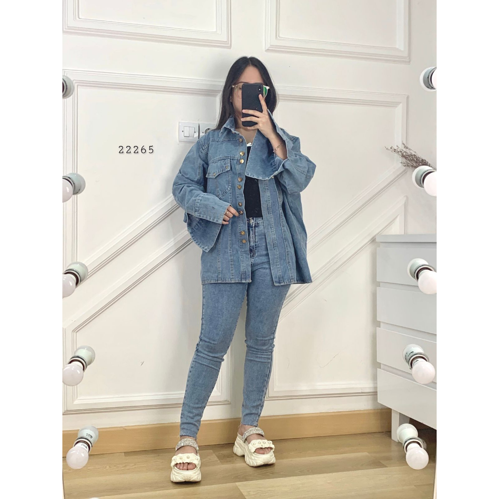 22265 LONG OUTER JAKET JEANS OVERSIZE WANITA PREMIUM JACKET JINS JUMBO SEMI LONG OUTER LEPIS PREMIUM