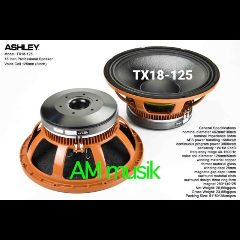 SPEAKER SUBWOOFER ASHLEY 18 INCH TX18-125 ORIGINAL VC 5 INCH