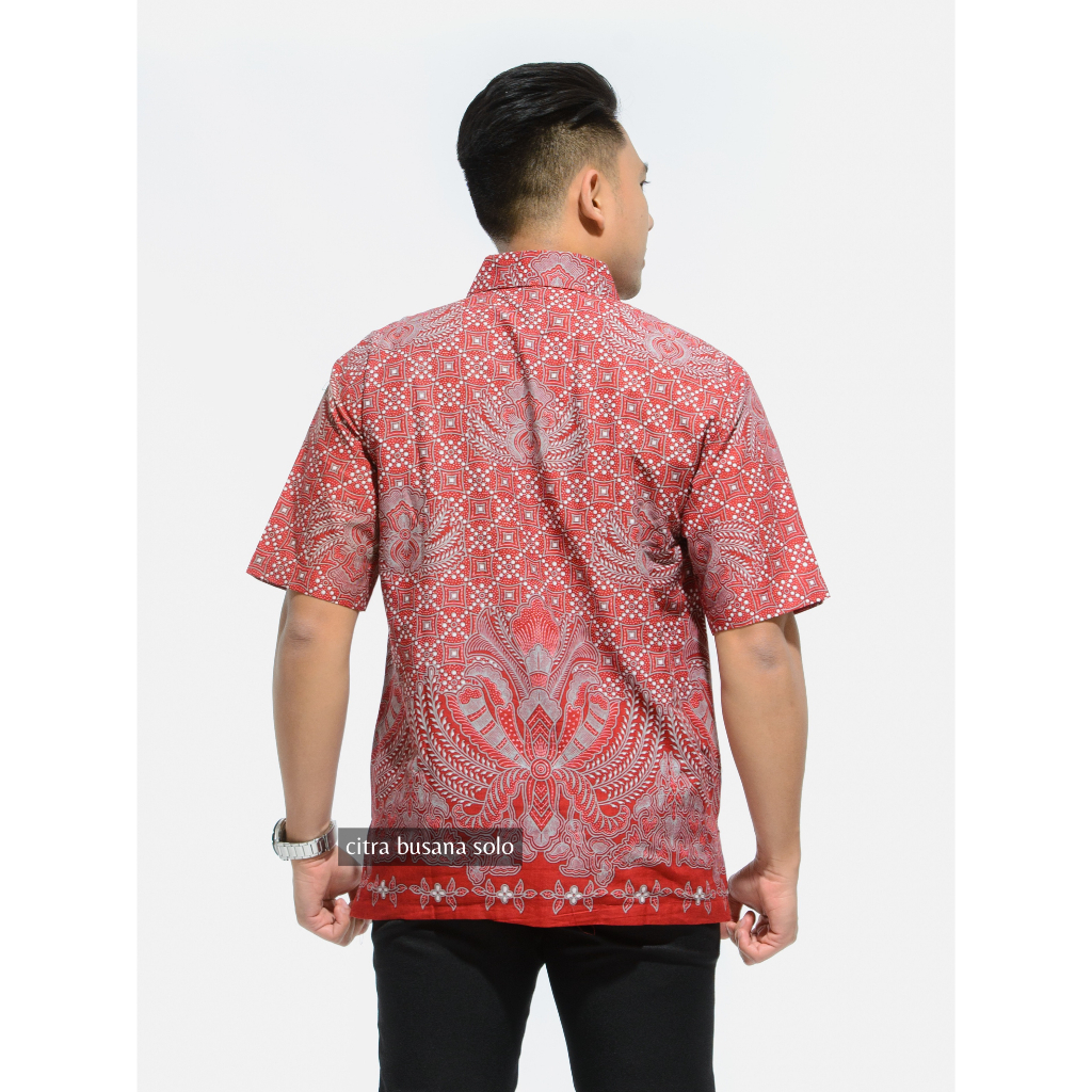 CAKAR PARI MERAH PENDEK Kemeja Batik Pria Full Furing Bahan Katun Primisima