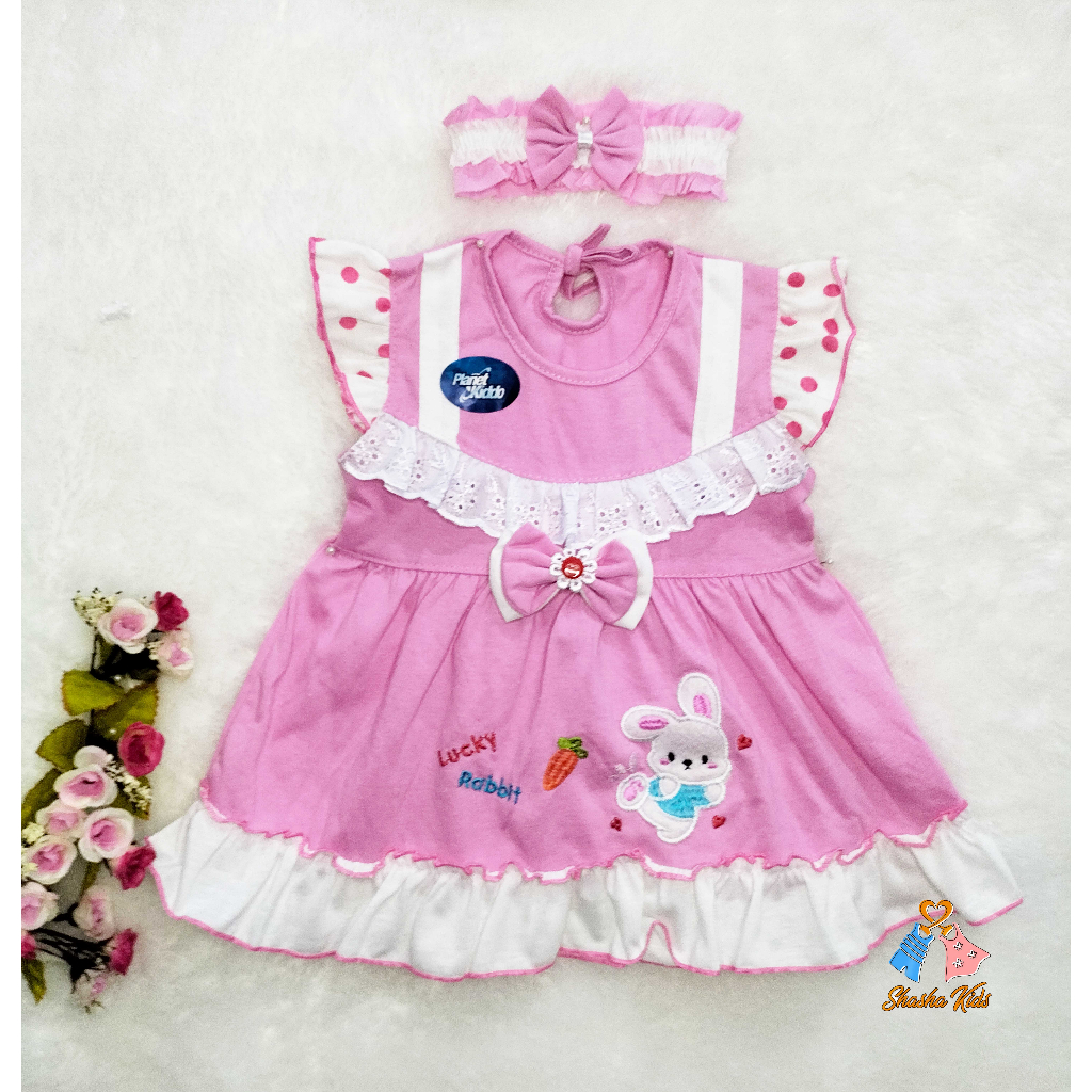 [S-038] Baju Bayi Perempuan /Dress Bayi Perempuan Planet Kids kelinci cantik Murah 0-6 bln Bonus BANDANA &amp; Celana dalam Bayi