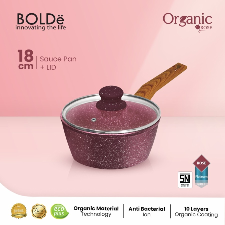 BOLDe ORGANIC ROSE SAUCE PAN 18 cm + GLASS LID - Panci Super Pan Rose Anti Lengket