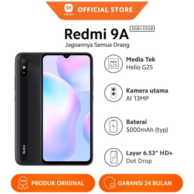 Xiaomi Redmi 9A (3+32GB) Layar DotDrop 6.53&quot; HD+, Baterai 5000mAh, Prosesor Helio G25 Warna Granite Gray 13MP