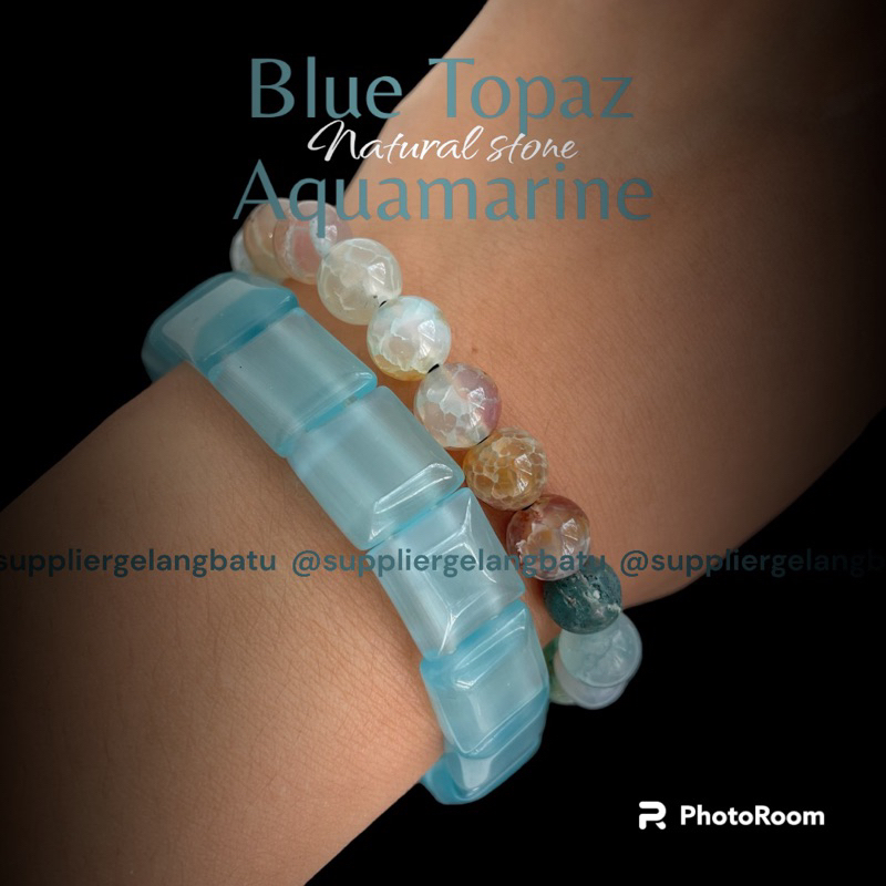 Gelang Blue Topaz Batu Alam Natural Akik Asli biru Fashion Wanita Pria aquamarine