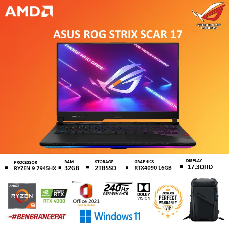 ASUS ROG STRIX SCAR 17 G733PY R949C6TO RTX4090 16GB/ RYZEN 9 7945HX 32GB 2TBSSD W11+OHS 17.3QHD -BLK