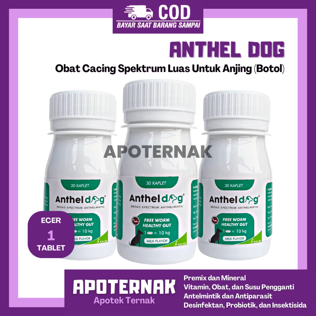 ANTHEL DOG 1 Tablet (Kemasan BOTOL) | Obat Cacing Anjing | Like DRONTAL DOG PLUS TASTY