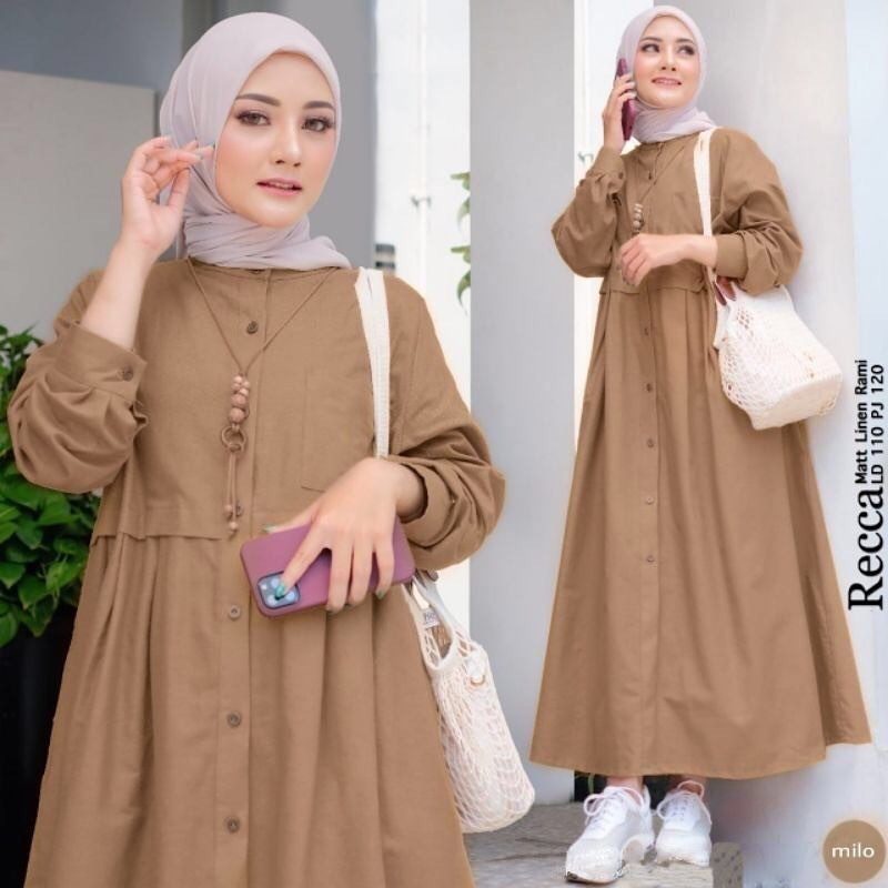 Midi Dress Muslim Recca Midi Dress Outfit Wanita Kekinian Set Ootd Hijab Bahan Linen Rami Busui Friendly