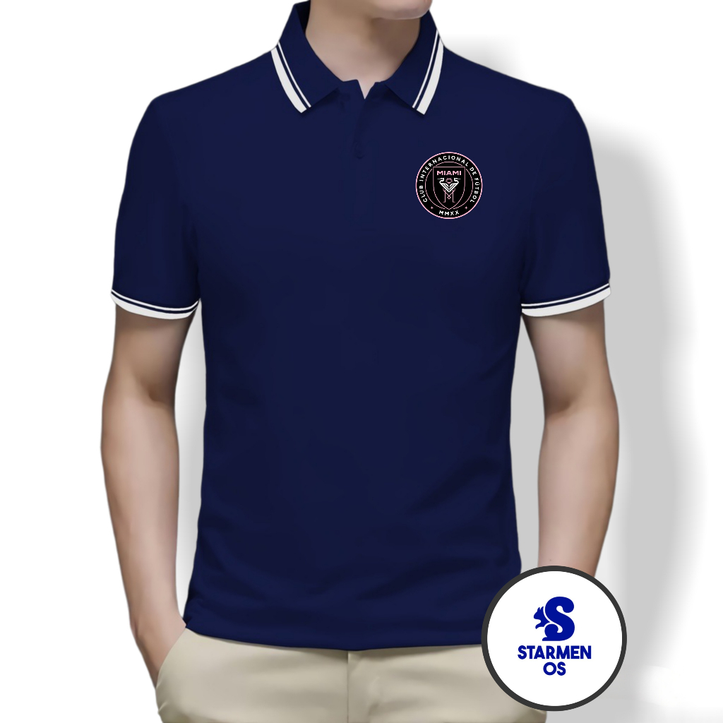 Kaos Polo Shirt Pria Kerah List Putih Logo MIAMI CF