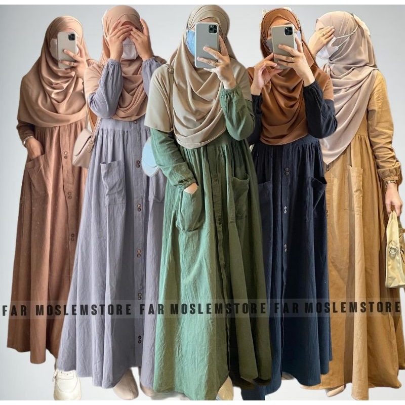 ZEA DRESS LINEN PREMIUM GAMIS MUSLIMAH KEKINIAN/DRESS MAXY TERBARU POCKU MIDI DRESS/GAMIS SYARI/FASHION MUSLIM WANITA HIJAB/FAR MOSLEMSTORE