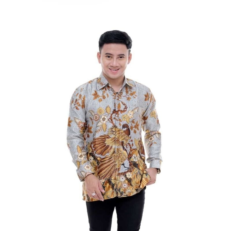 KEMEJA BATIK SEMI SUTRA SILKY PREMIUM BERFURING LENGAN PANJANG  CLASIK SUTRA XXL  FASHION BATIK PRIA