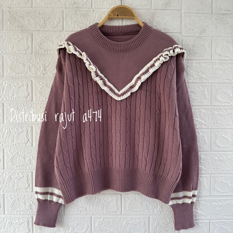 SAIRA SWEATER RAJUT RENDA MOTIF CABLE STRIPE ATASAN WANITA LENGAN PANJANG