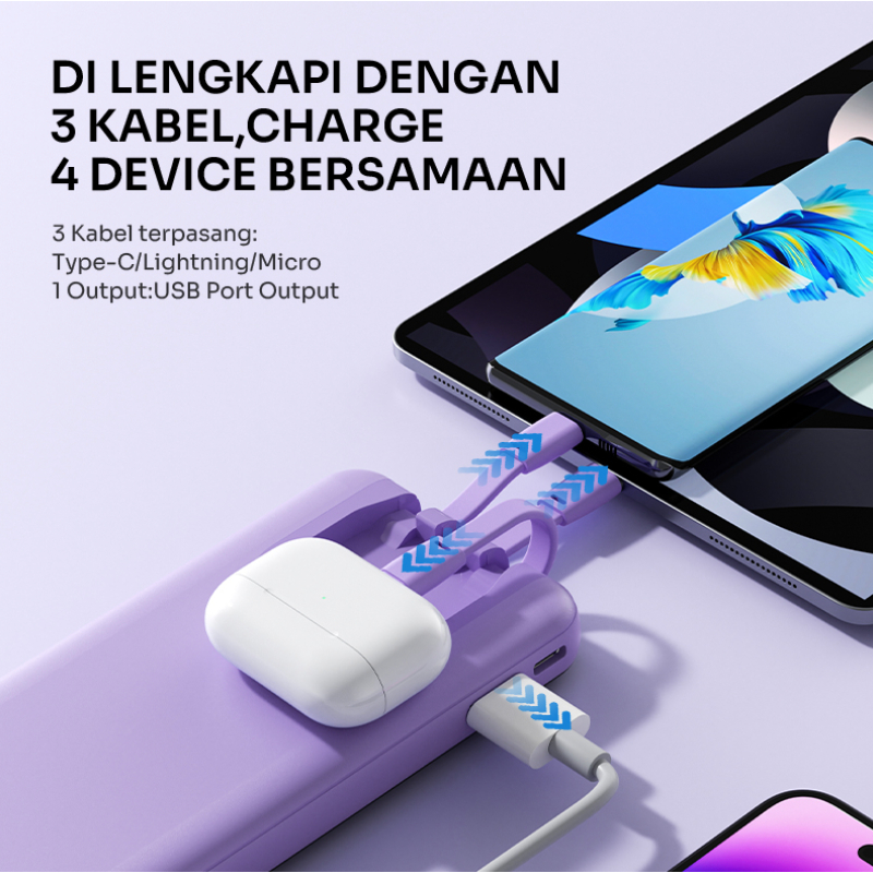 Powerbank ROBOT 10000mAH RP-101L New 2.1A Dengan 3 Kabel Type C Lightning Micro