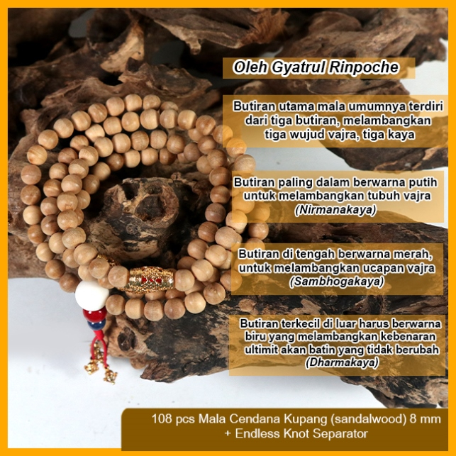 Tasbih Mala Buddha 108 Kayu Cendana Kupang (Sandalwood) + Endless Knot Separator