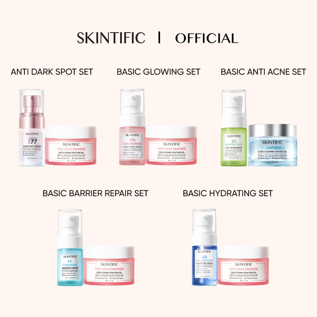 SKINTIFIC 2pcs Brightening Set Serum + MSH Niacinamide Moisturizer paket skincare Whitening Moisture Gel + Anti Dark Dot Serum /Glowing Serum /Anti Acne Serum / Skin barrier  Serum / Hydration Serum