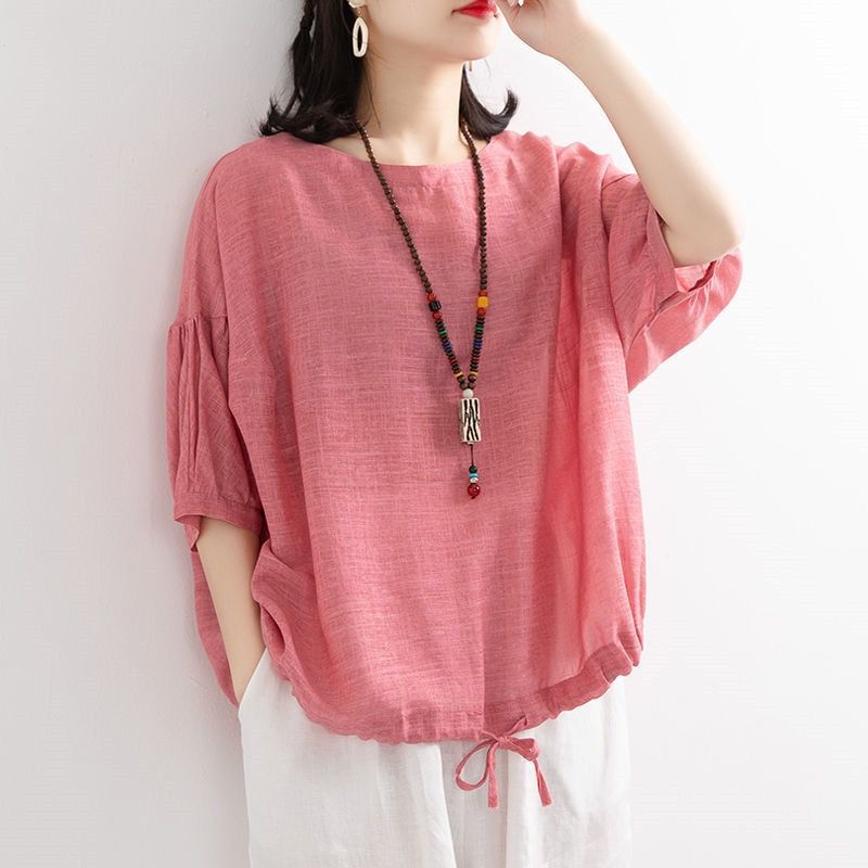 Asmora Blouse Atasan Wanita Oversize Polo Linen Leher Bulat Batwing OOTD Remaja Dewasa