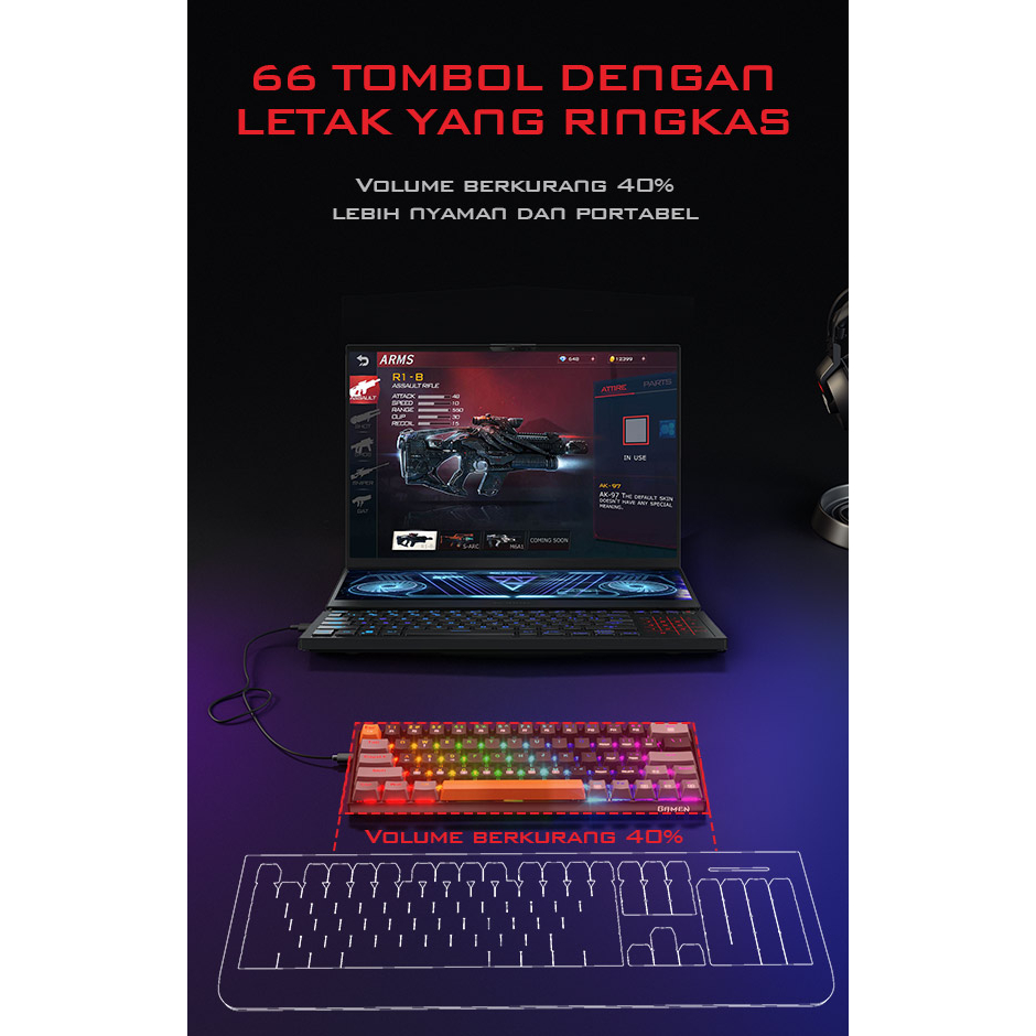 GAMEN Titan III Mechanical Pluggable Switch Blue Gaming Keyboard Wired RGB LED Light PBT Keycaps Original For PC Laptop- Garansi 1 tahun