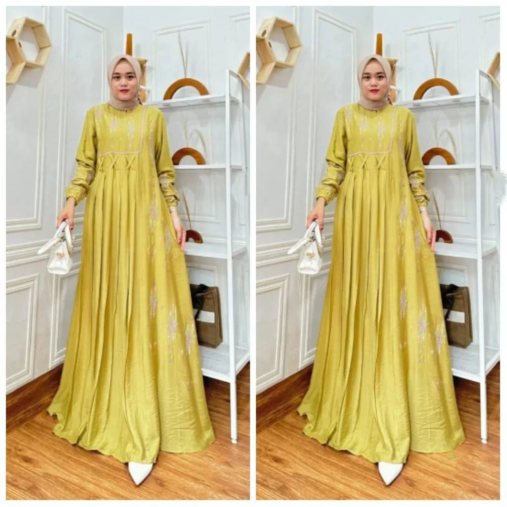 Karina Maxi Bahan Polo Linen Aplikasi Bordir - Gamis Kondangan Wanita Terbaru 2023 - Dress Wanita