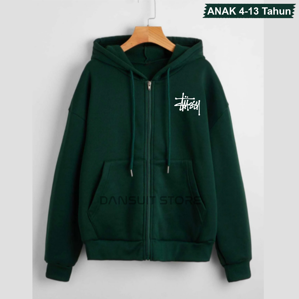 Hoodie Resleting Anak Laki-laki/Perempuan Usia 4-13 Tahun Hoodie Zipper Anak Sablon STUSSY Logo Bahan Tebal Premium