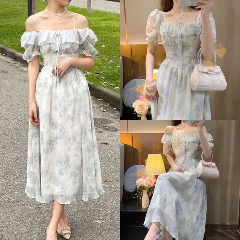 DRESS SABRINA KOREAN STYLE FLORAL VINTAGE MIDI DRESS