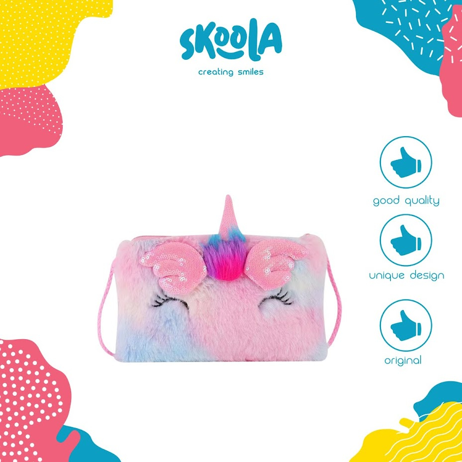 Skoola Tas Anak Perempuan PAUD Remaja Selempang Unicorn Rainbow Lucu Bulu Kids Sling Bag - Furi