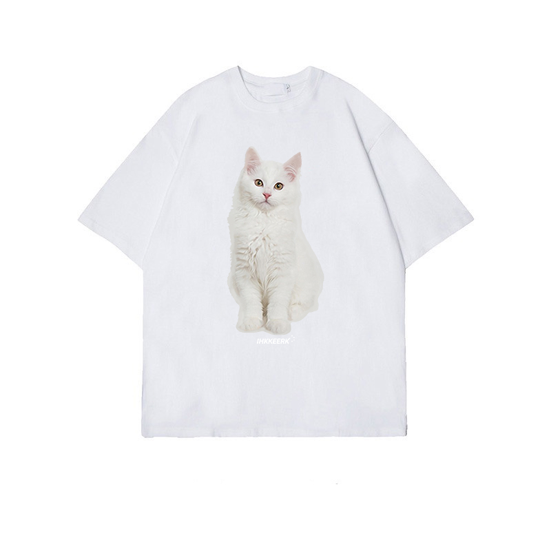 XiaoZhaiNv Kaos Atasan Oversize Wanita Kucing Putih Pattern Lengan Pendek A0034