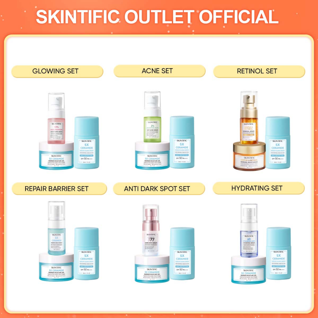 3PCS Packet SKINTIFIC 3pcs Packet 3 sets with Sunscreen - Paket Skincare Moisture Gel + Serum Sunscreen + Brightening Serum / Anti Acne Serum / Barrier  Serum / Hydrating Serum