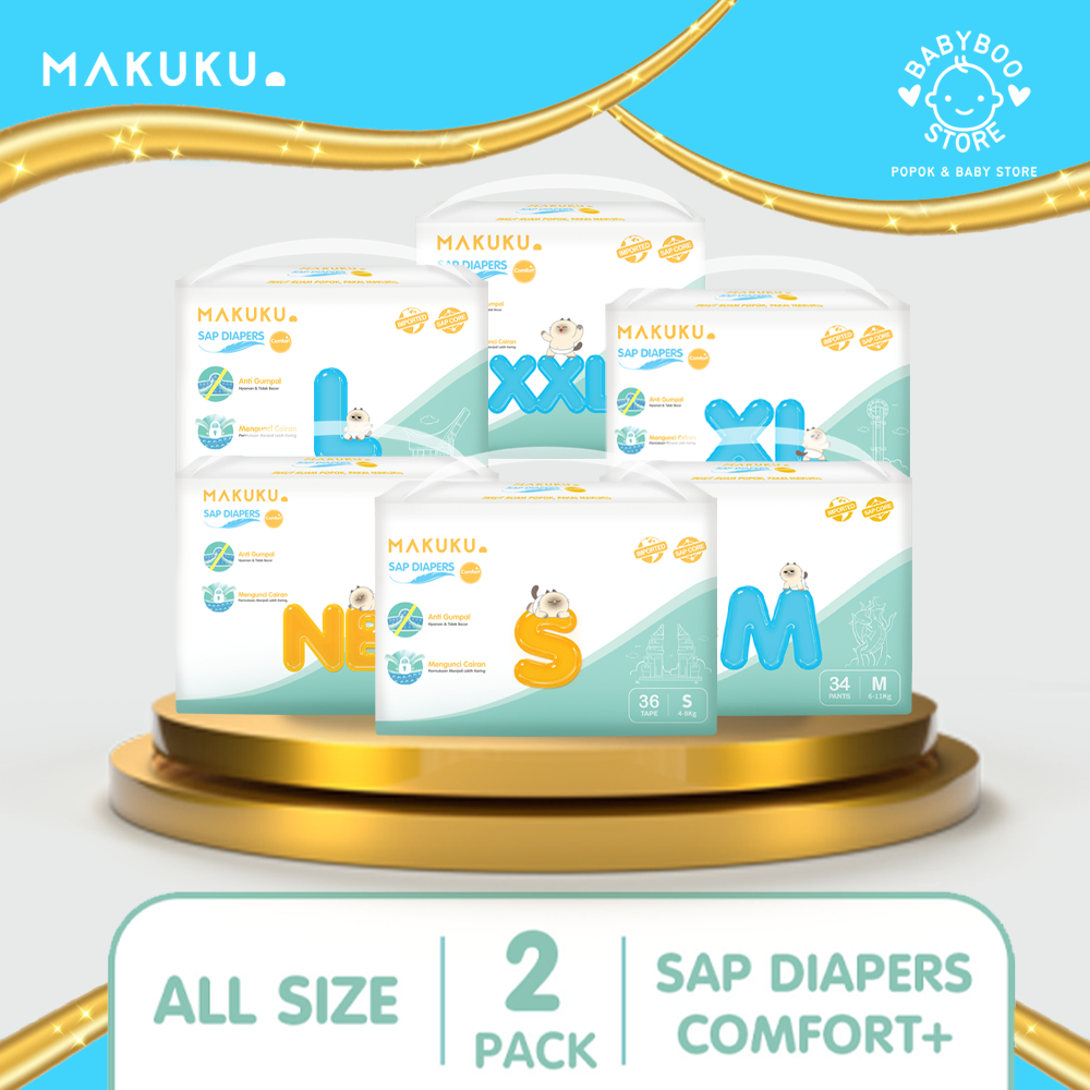 MAKUKU SAP Diapers Comfort+ Pants/Tape NB/S/M/L/XL/XXL x 2 Pack Popok Bayi Celana Tipis Anti Gumpal Cepat Kering dan Mencegah Ruam