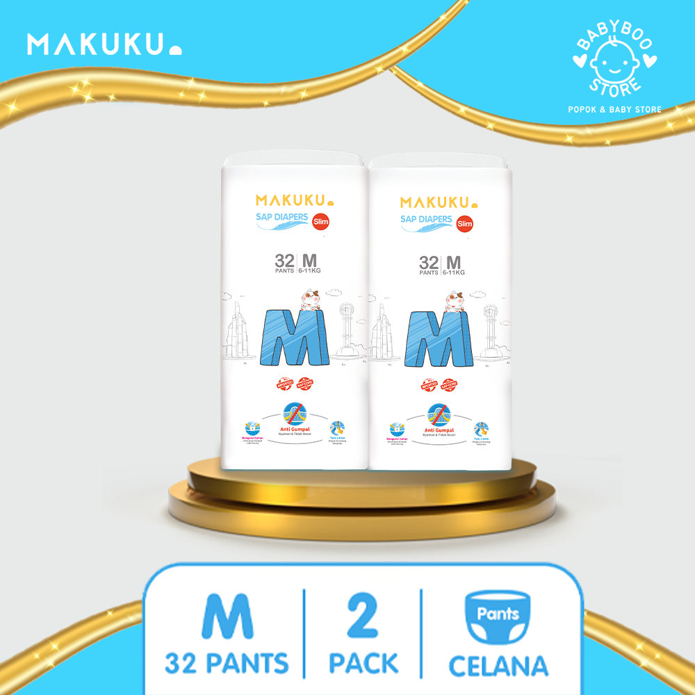 MAKUKU SAP Diapers Slim Pants M32 x 2 Pack Popok Bayi Celana Tipis Anti Gumpal Cepat Kering dan Mencegah Ruam