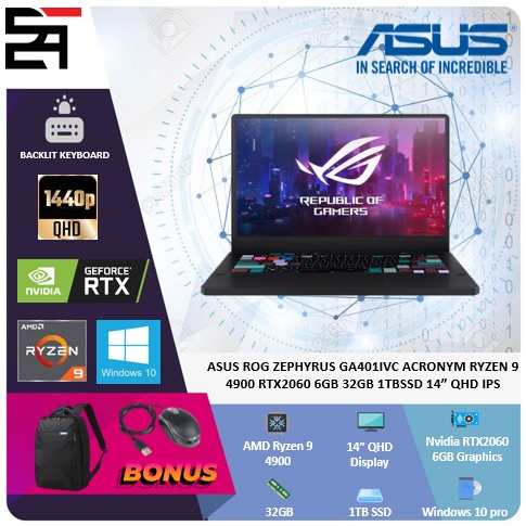 Asus ROG Zephyrus GA401IVC Acronym RTX2060-6GB Ryzen 9 4900 32GB 1TB SSD W10 PRO 14 Inchi QHD IPS