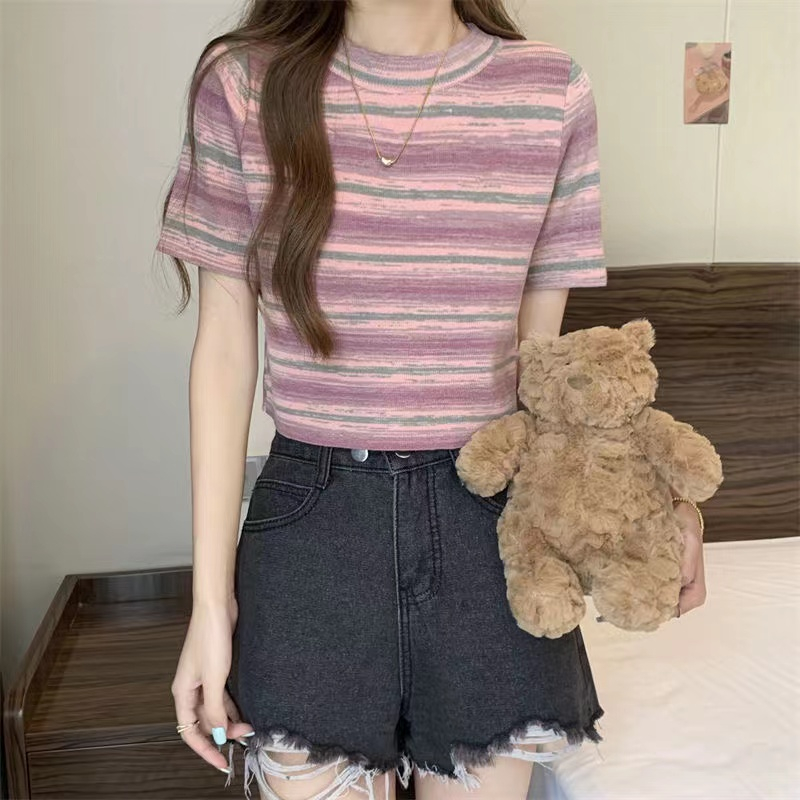 Nayla T-shirt Knit Import Crop Gradasi - Atasan Kaos Rajut Wanita Import TM (A582-1)