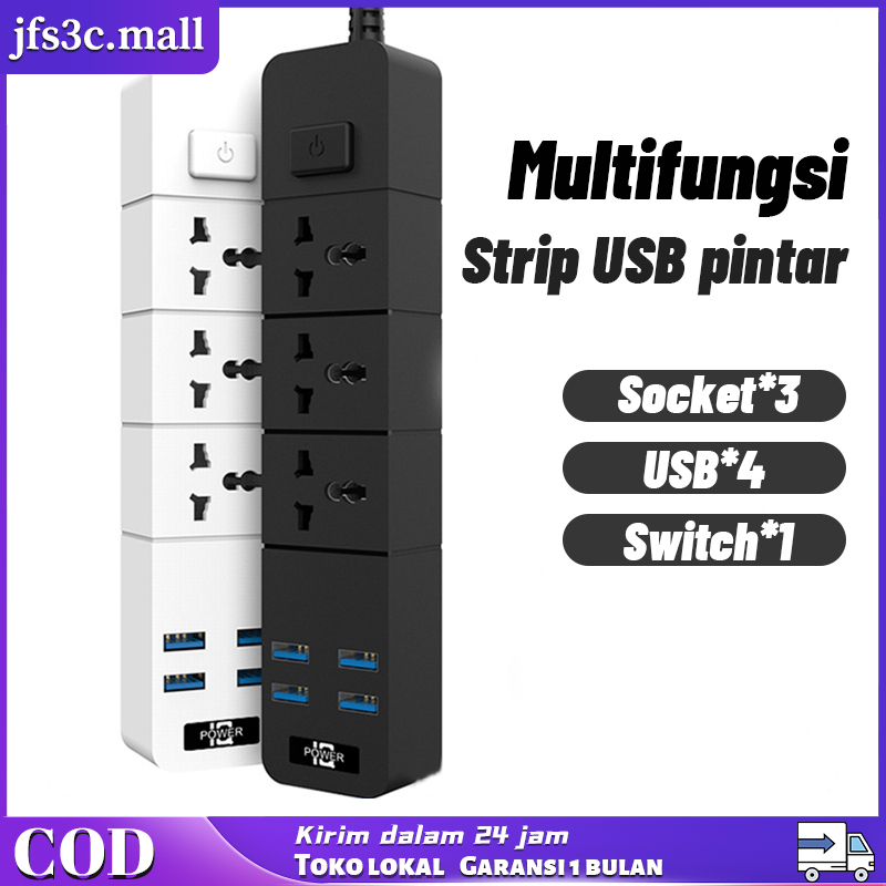 Soket Stop Kontak USB dengan Sakelar Independen dengan 4 USB Port +3 Lubang Socket +1 Tombol Power On Off Bercahaya dengan Kabel 2M