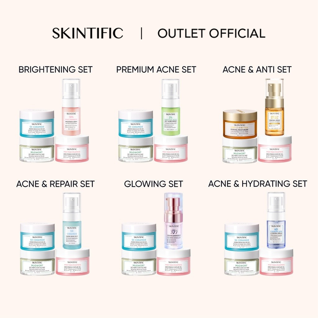 【OUTLETS】SKINTIFIC 4pcs Daily Glowing &amp; Acne Set- MSH Niacinamide Moisture Gel Moisturizer Face Cream / 5X Ceramide Moisturizer /Mugwort Acne Clay Mask / Brightening Serum /Anti Acne Serum / 377 Dark Spot Serum / Hydrating Serum 20ml