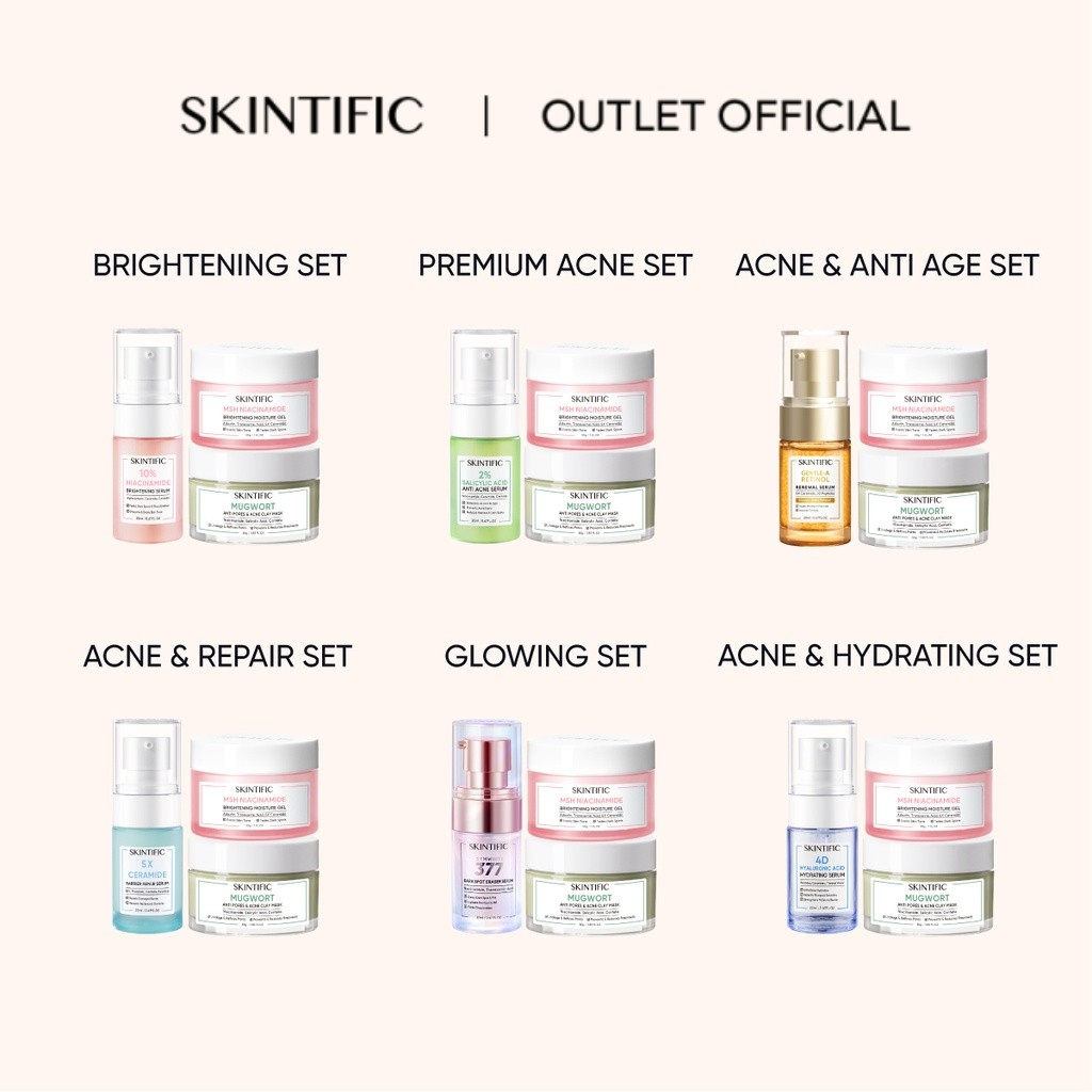 【Skintific Outlet Official】SKINTIFIC 3pcs Daily Glowing &amp; Acne Set- MSH Niacinamide Moisture Gel /Mugwort Acne Clay Mask Mud Mask Face Masker Wajah / Brightening Serum /Anti Acne Serum 20ml / Symwhite 377 Dark Spot  Serum 20ml / Hydrating Serum 20ml