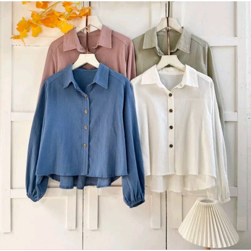 BLOUSE KOREAN STYLE LENGAN BALON CRINKLE AIRFLOW / ATASAN OOTD HIJAB VIRAL POLOS KEKINIAN