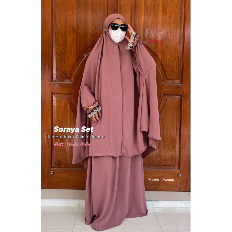 Soraya One Set Syari, Hijab Setelan Rok Crinkle Airflow Premium