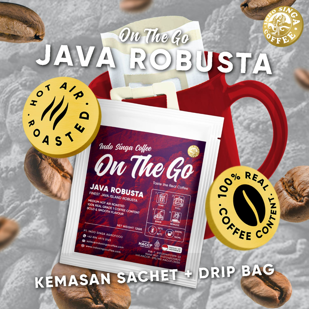 

Kopi Indo Singa Coffee On The Go Java Robusta | Drip Bag Sachet Instan | Robust Jawa Grade 1 G1 Kopi Sangrai Drip Coffee Premium